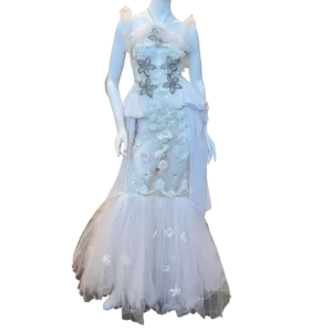 White Sheer Floral Ruffled Mermaid Gown w/Rhinestones
