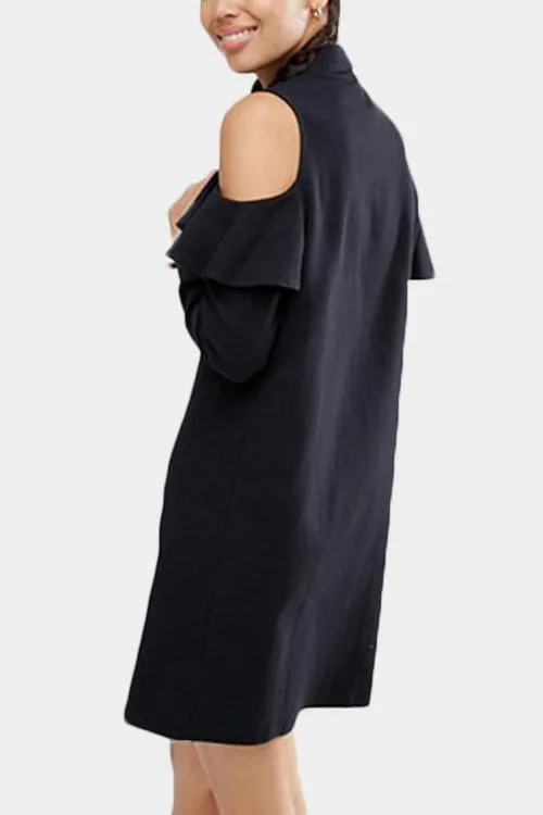 Wholesale Black Classic Collar Cold Shoulder Long Sleeve Plain Cut Out Shirt Dresses