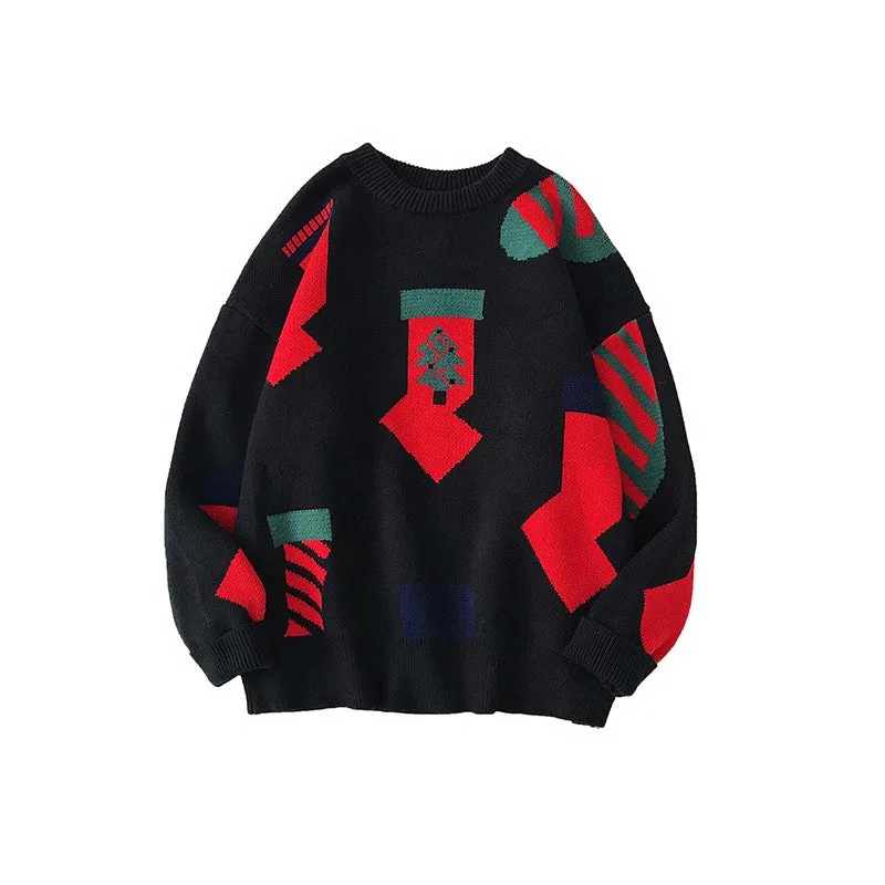 Winter black trendy round neck pullover loose knitted Christmas sweater for men and women