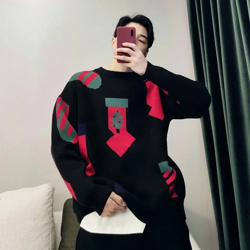 Winter black trendy round neck pullover loose knitted Christmas sweater for men and women
