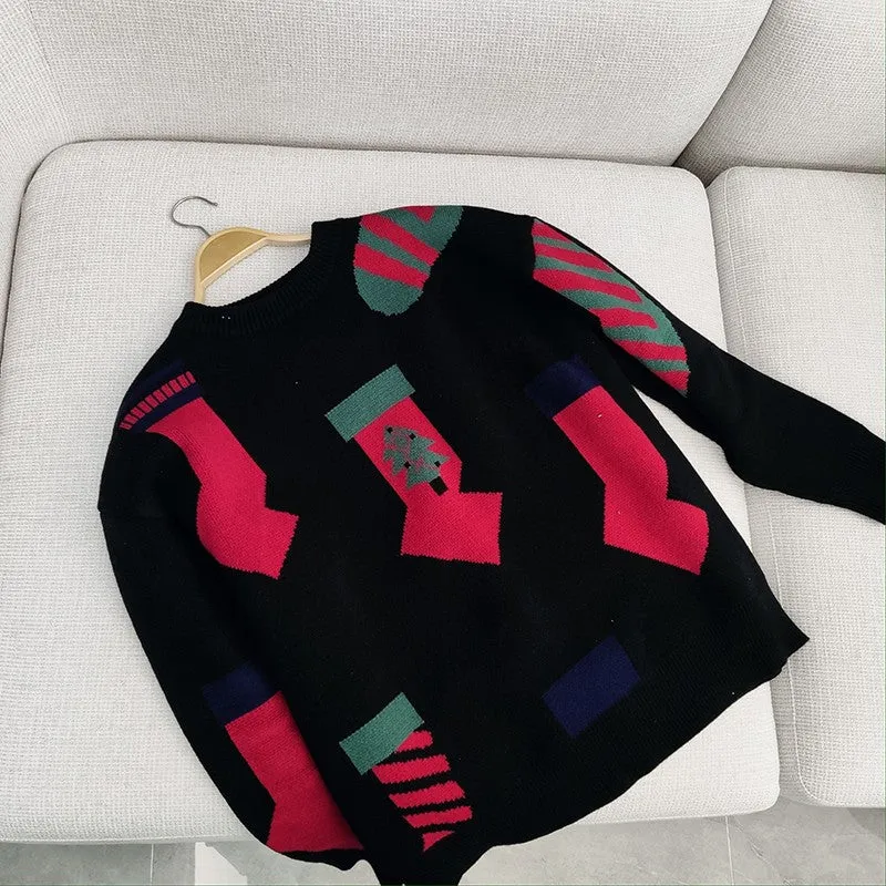 Winter black trendy round neck pullover loose knitted Christmas sweater for men and women