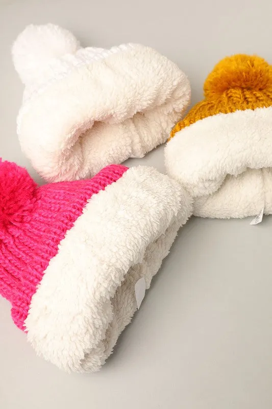 Winter Rib Knitted Sherpa Lined Pom Pom Beanie Hat