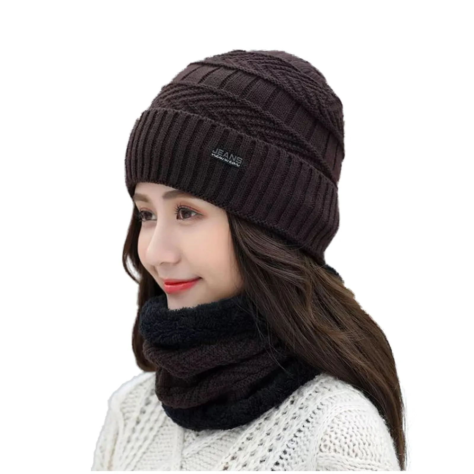 Winter Warm Knitted Beanie and Warm Scarf Set for Women - Brown Color