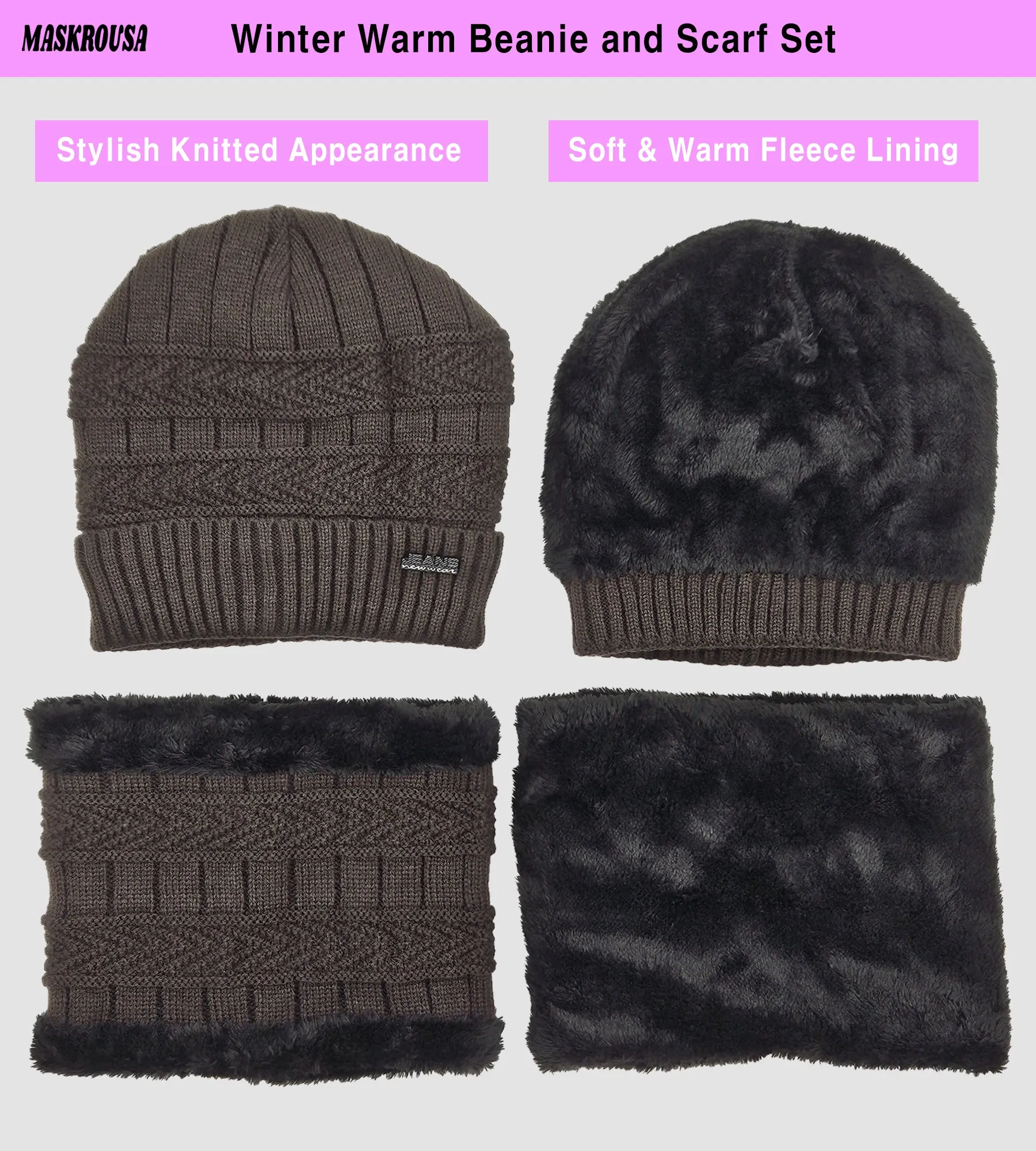 Winter Warm Knitted Beanie and Warm Scarf Set for Women - Brown Color