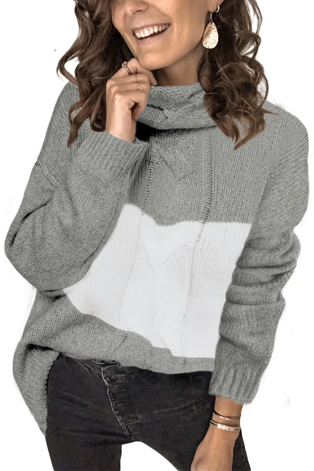 Women's Loose Knitted Colorblock Turtle Neck Sweater