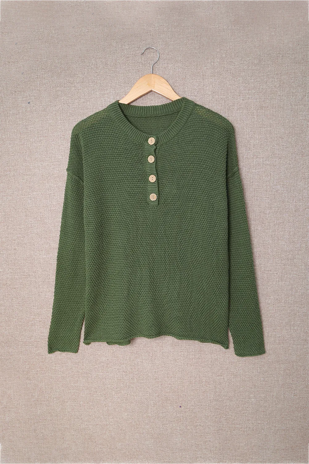 Women's Plain Buttoned Henley Sweater with Slit