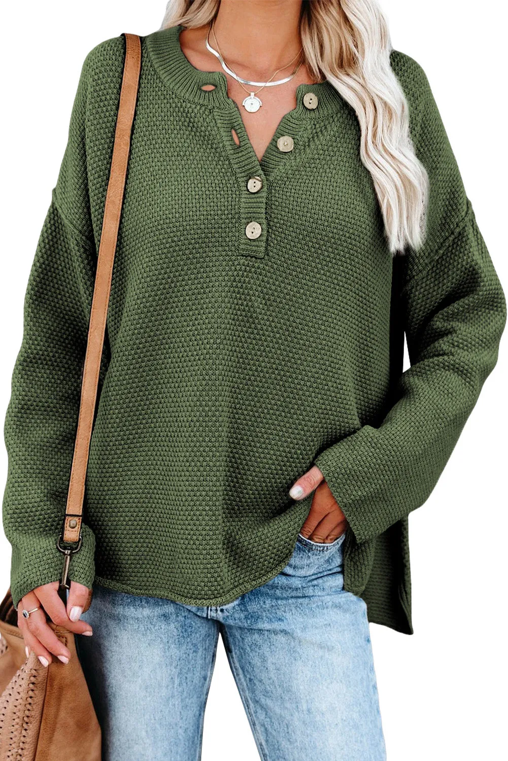 Women's Plain Buttoned Henley Sweater with Slit