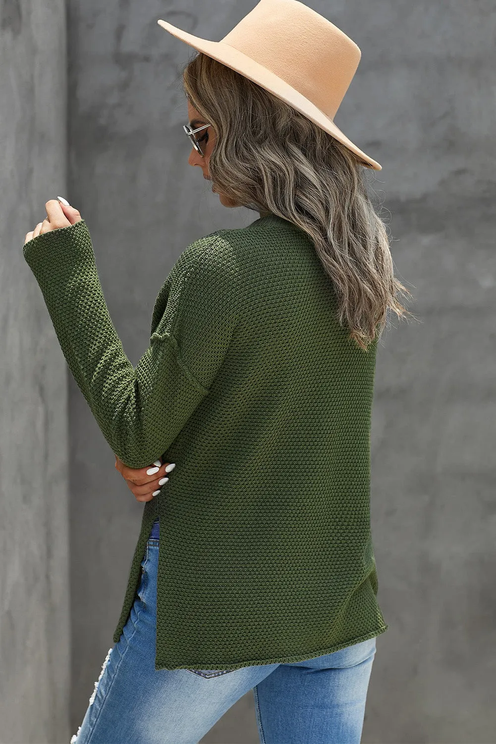 Women's Plain Buttoned Henley Sweater with Slit