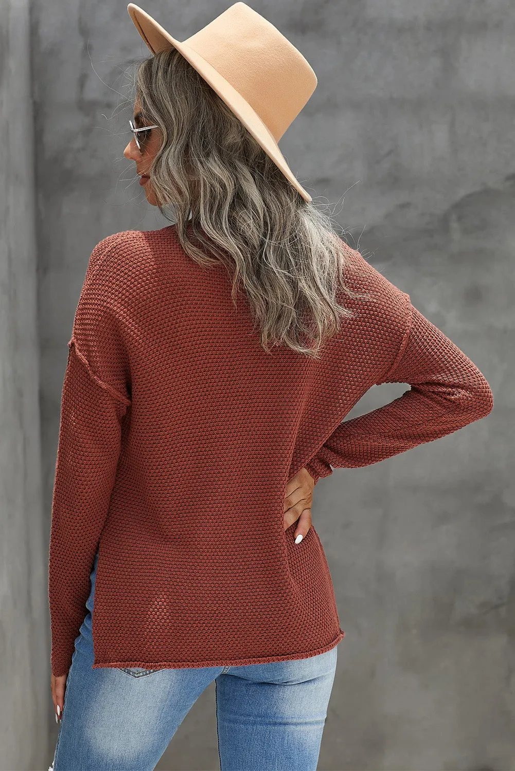 Women's Plain Buttoned Henley Sweater with Slit