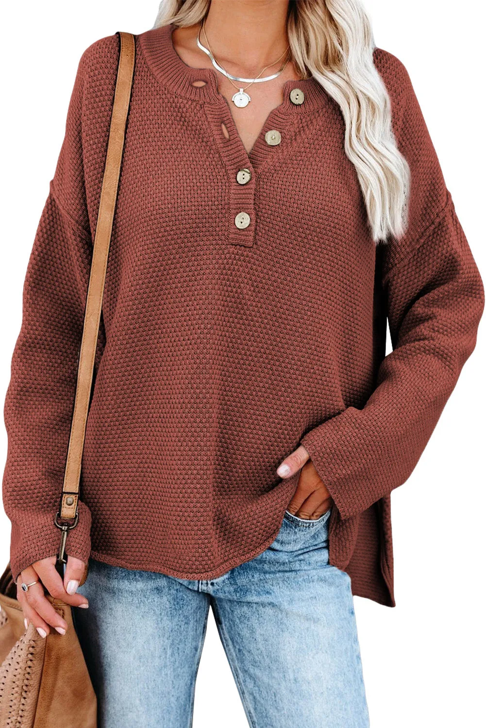 Women's Plain Buttoned Henley Sweater with Slit