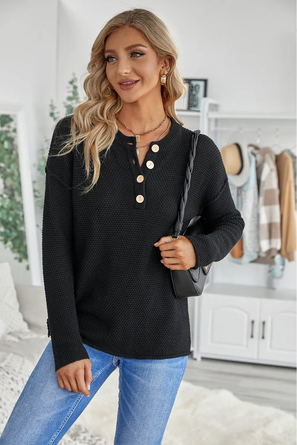 Women's Plain Buttoned Henley Sweater with Slit