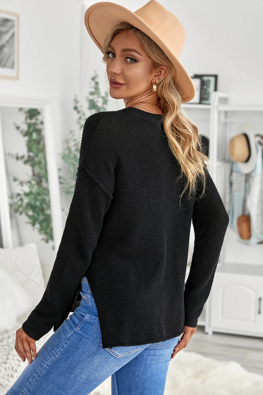 Women's Plain Buttoned Henley Sweater with Slit
