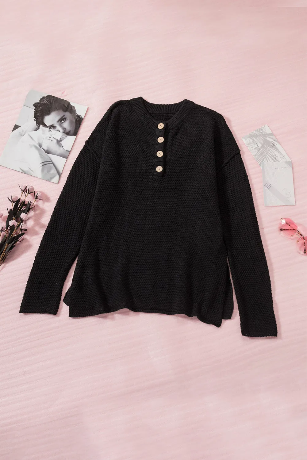 Women's Plain Buttoned Henley Sweater with Slit
