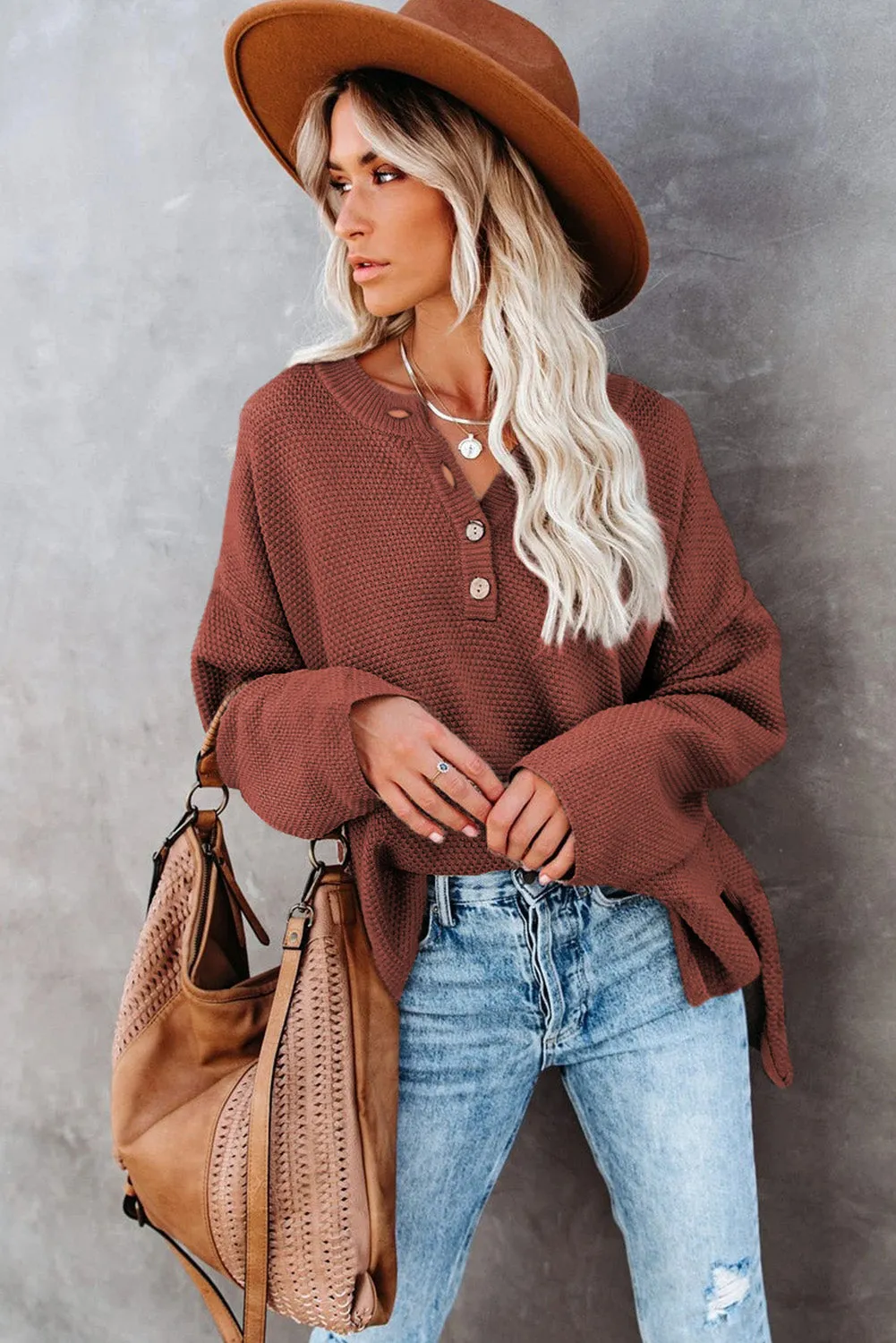 Women's Plain Buttoned Henley Sweater with Slit