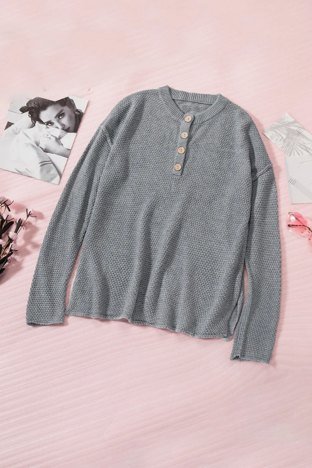 Women's Plain Buttoned Henley Sweater with Slit