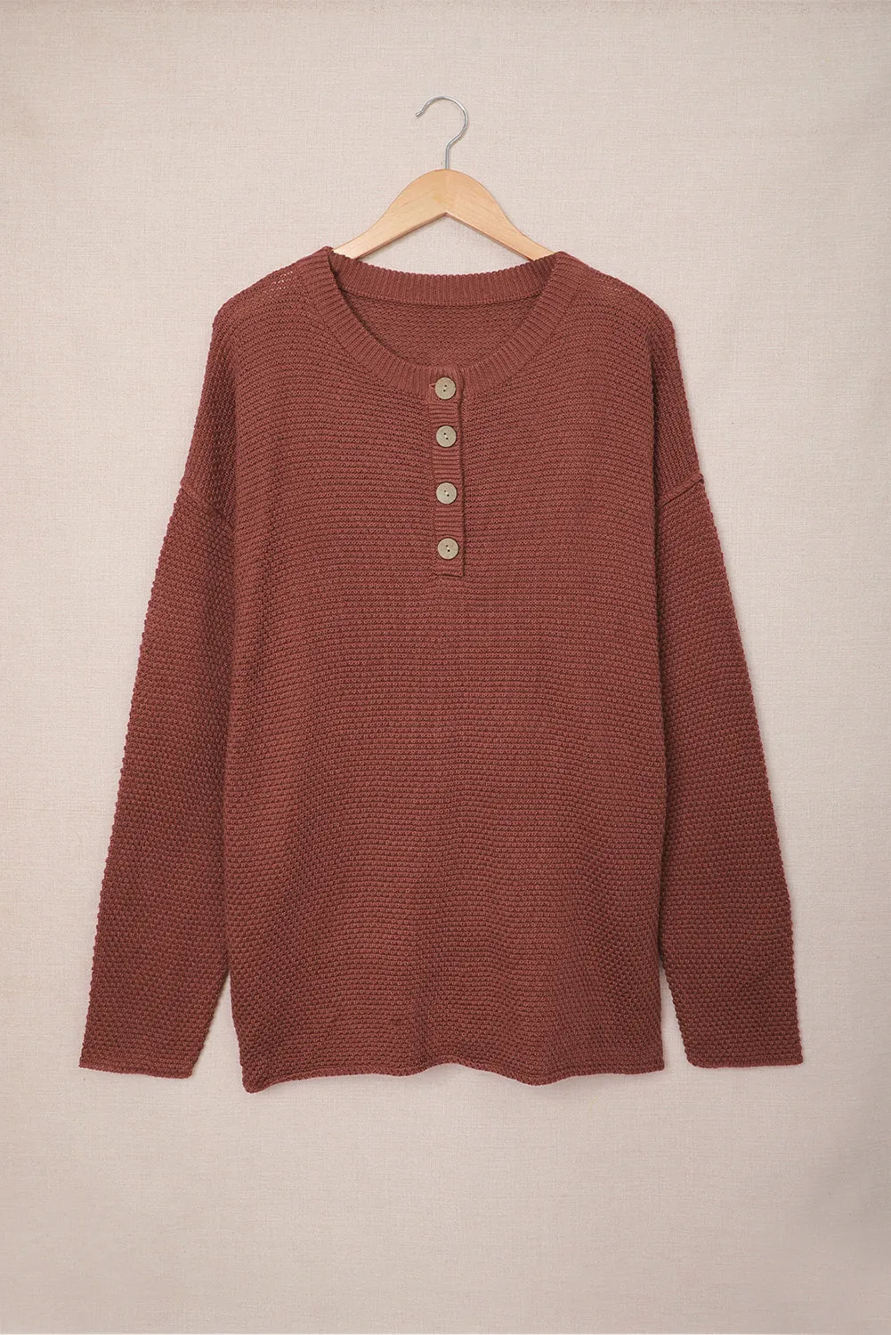 Women's Plain Buttoned Henley Sweater with Slit