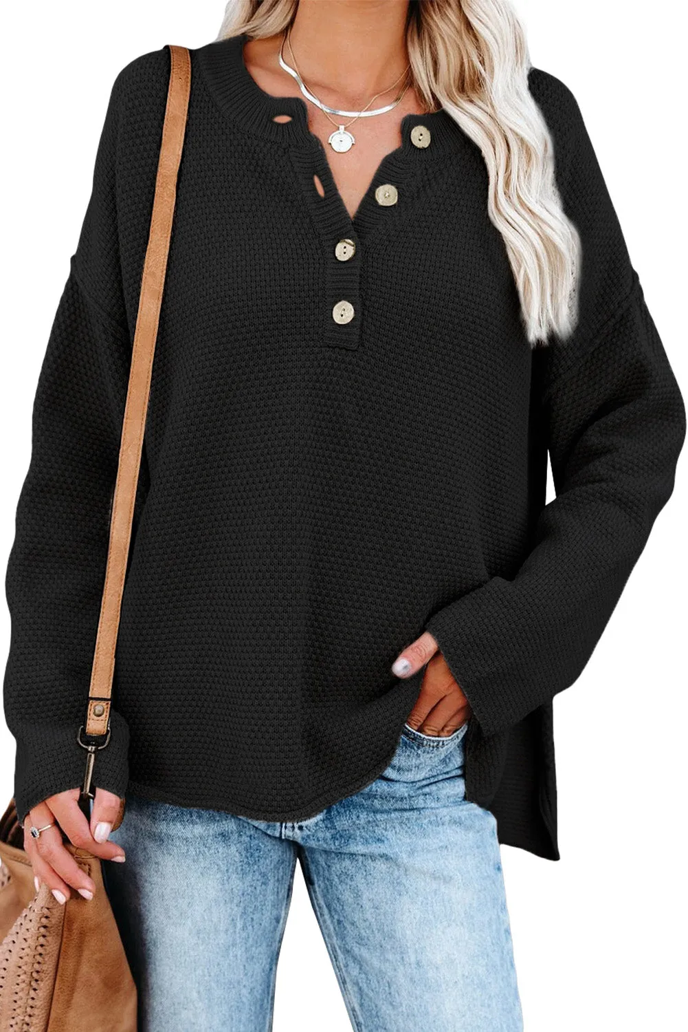 Women's Plain Buttoned Henley Sweater with Slit
