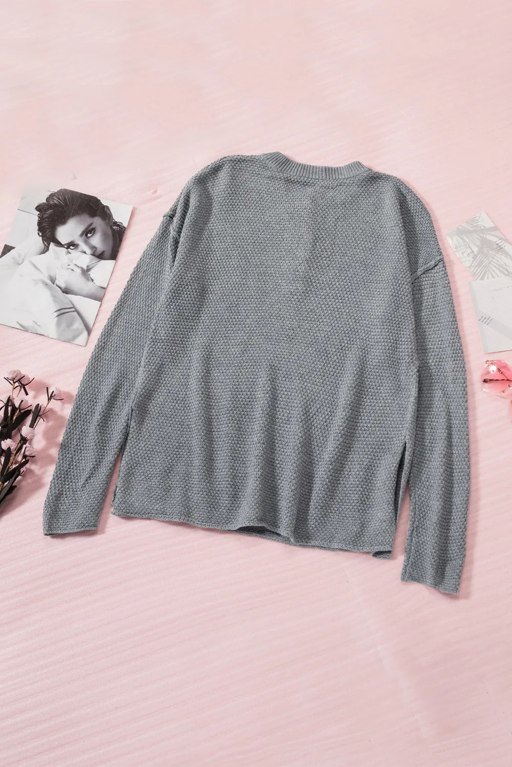 Women's Plain Buttoned Henley Sweater with Slit