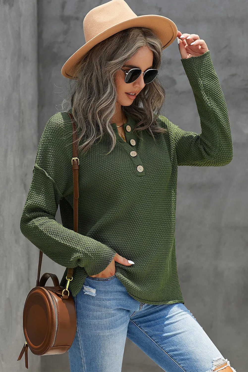 Women's Plain Buttoned Henley Sweater with Slit