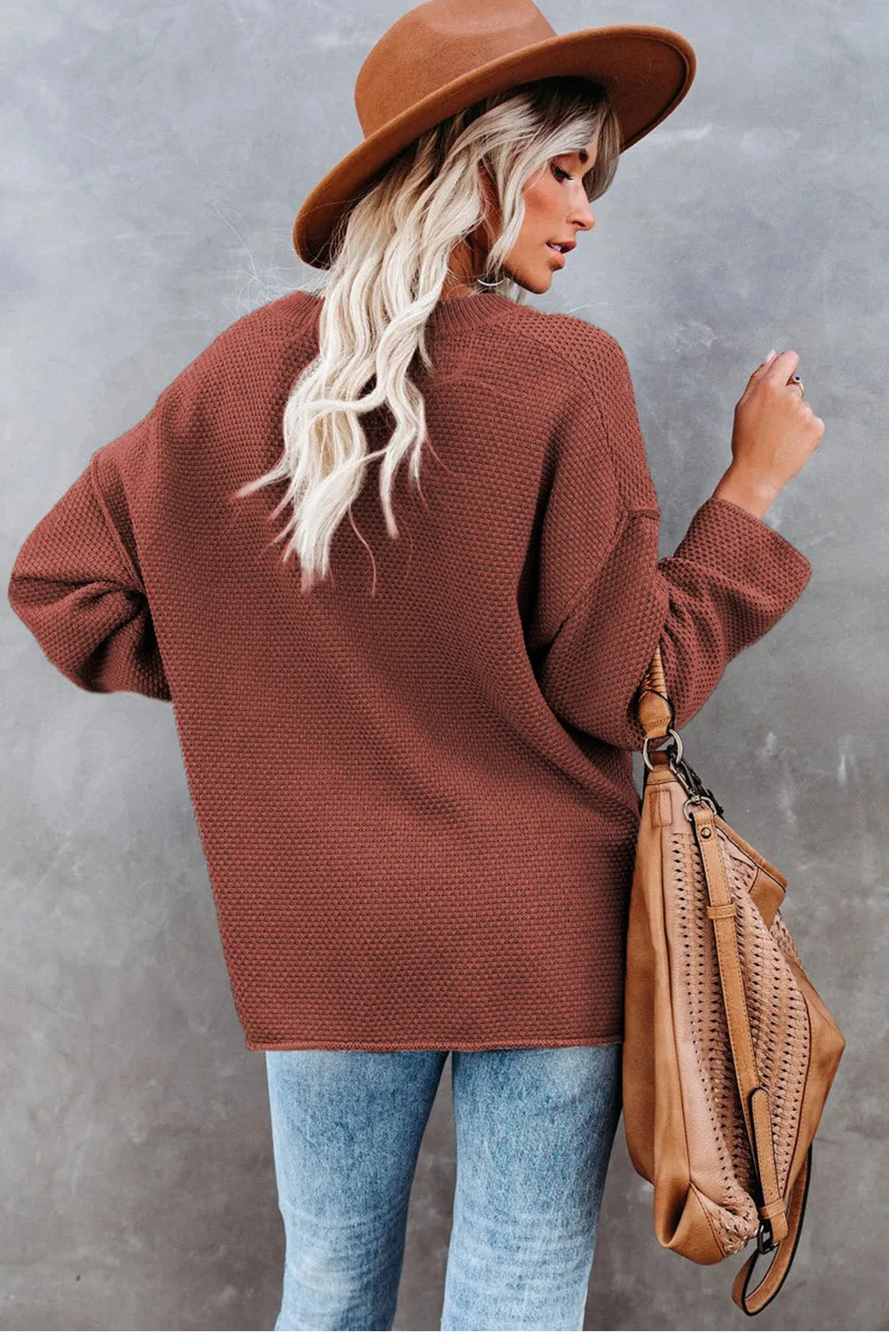 Women's Plain Buttoned Henley Sweater with Slit