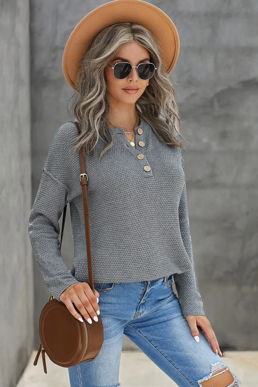 Women's Plain Buttoned Henley Sweater with Slit