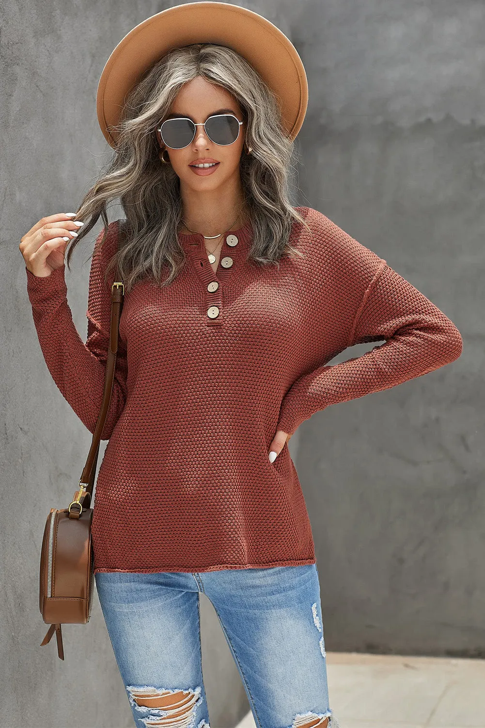 Women's Plain Buttoned Henley Sweater with Slit