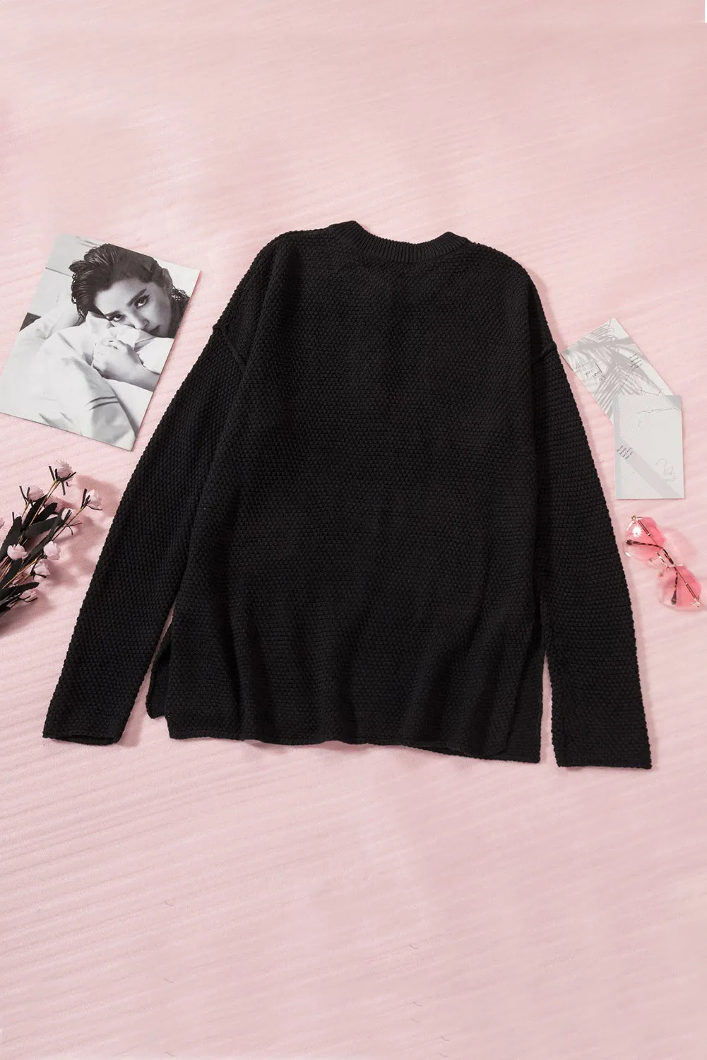 Women's Plain Buttoned Henley Sweater with Slit