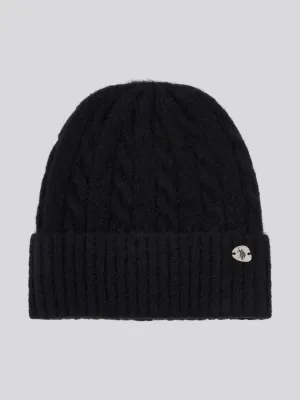 Womens Signature Cable Knit Beanie & Gloves Set in Black
