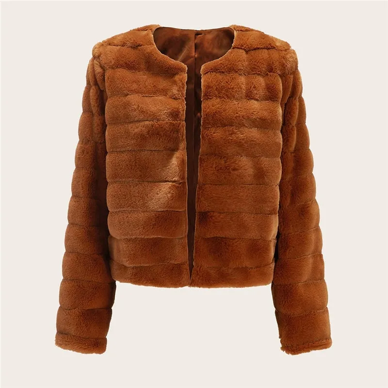 Women's Winter Faux Fur O-Neck Thick Long-Sleeved Coat