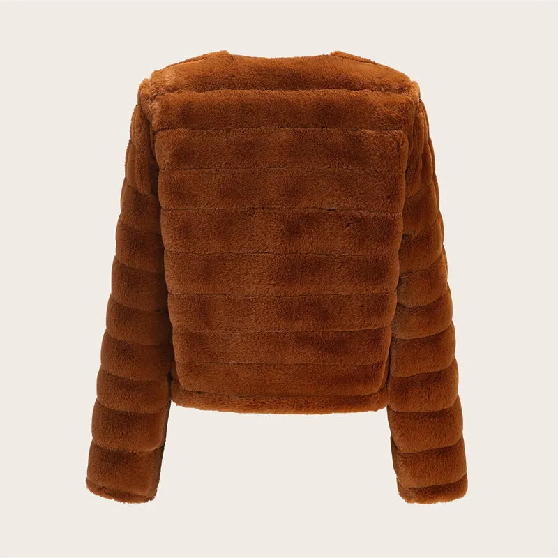 Women's Winter Faux Fur O-Neck Thick Long-Sleeved Coat