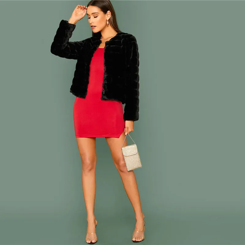 Women's Winter Faux Fur O-Neck Thick Long-Sleeved Coat