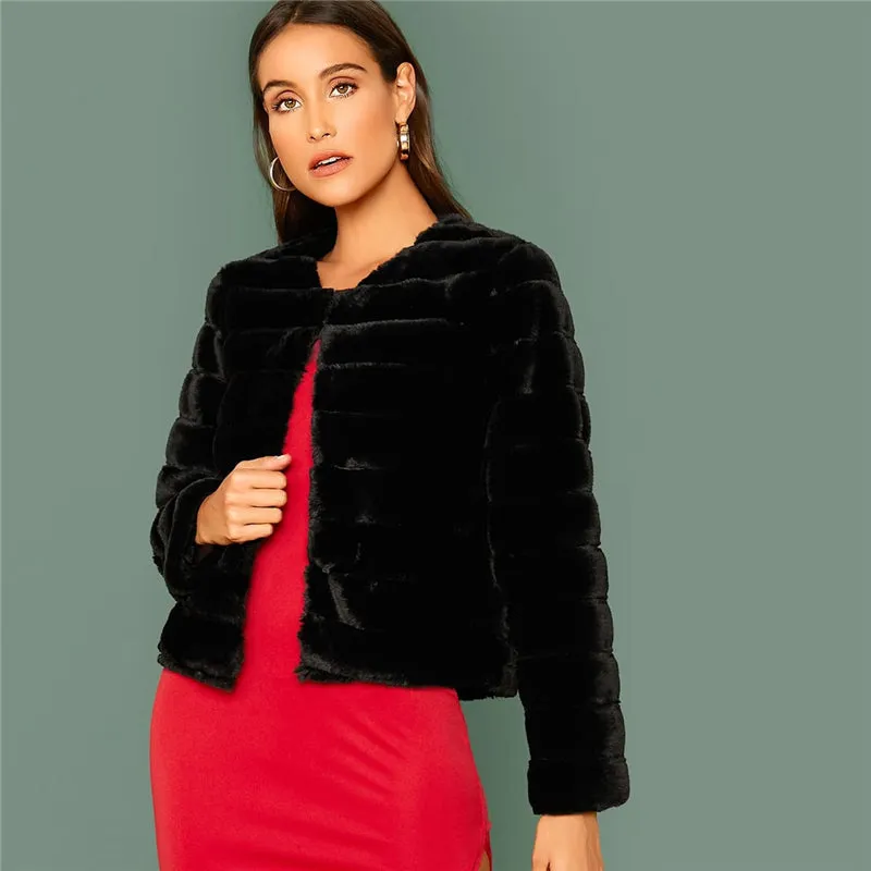 Women's Winter Faux Fur O-Neck Thick Long-Sleeved Coat