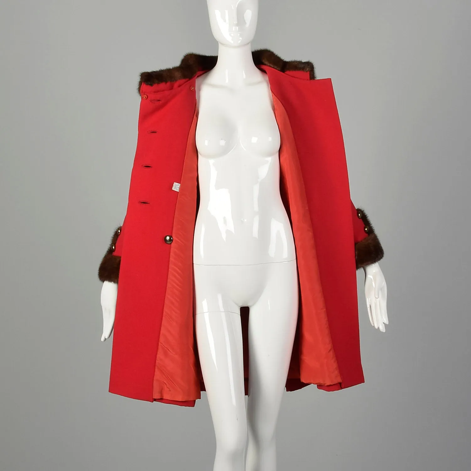 XS 1960s Mink Fur Trim Red Winter Coat Mod Double Breasted A-Line