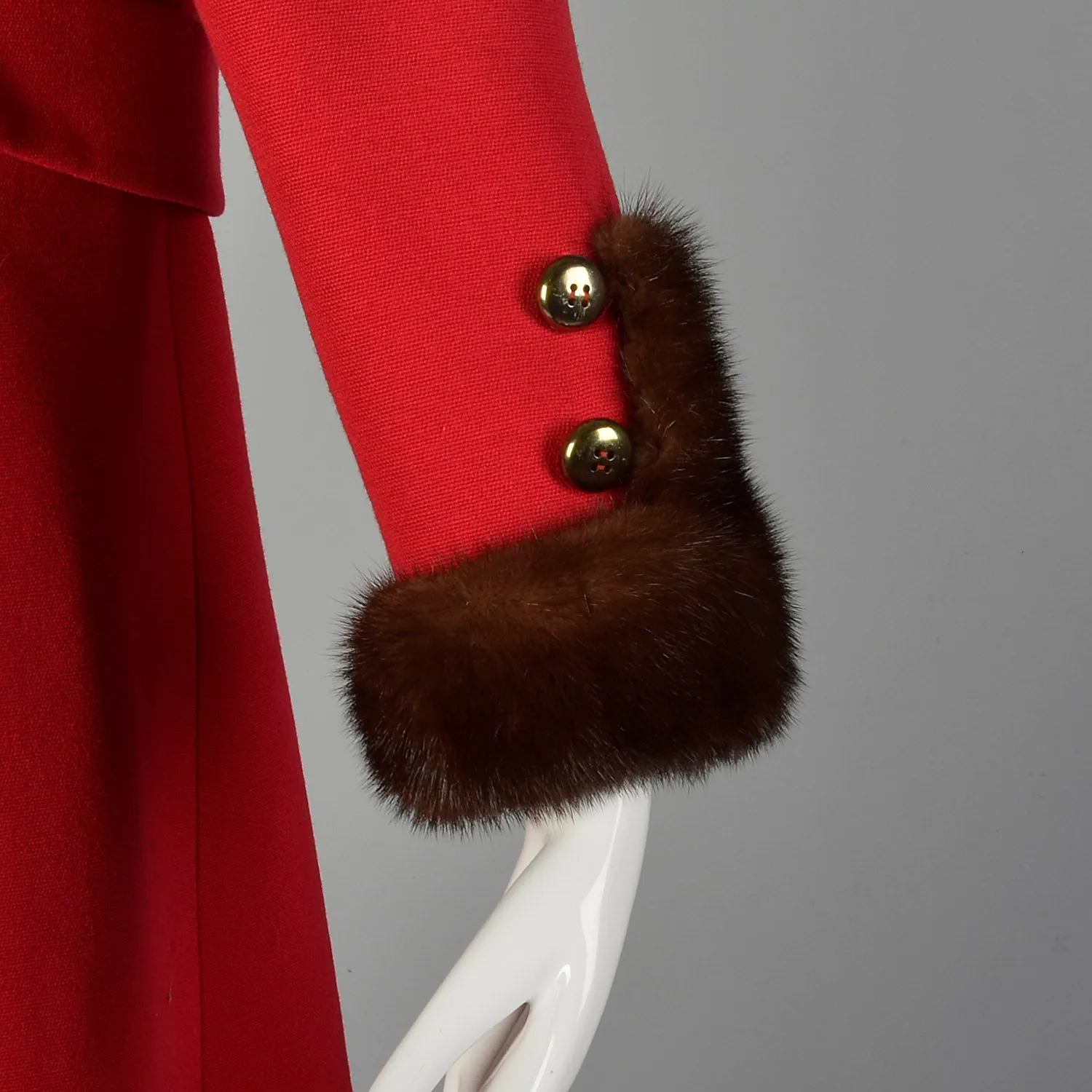 XS 1960s Mink Fur Trim Red Winter Coat Mod Double Breasted A-Line