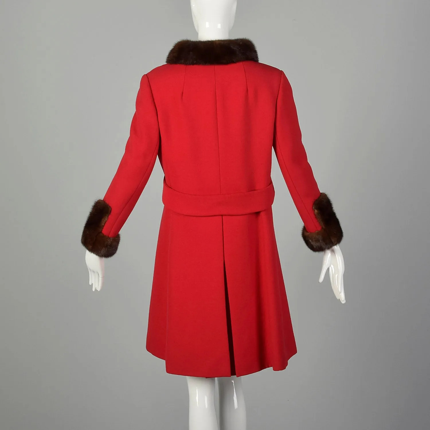 XS 1960s Mink Fur Trim Red Winter Coat Mod Double Breasted A-Line